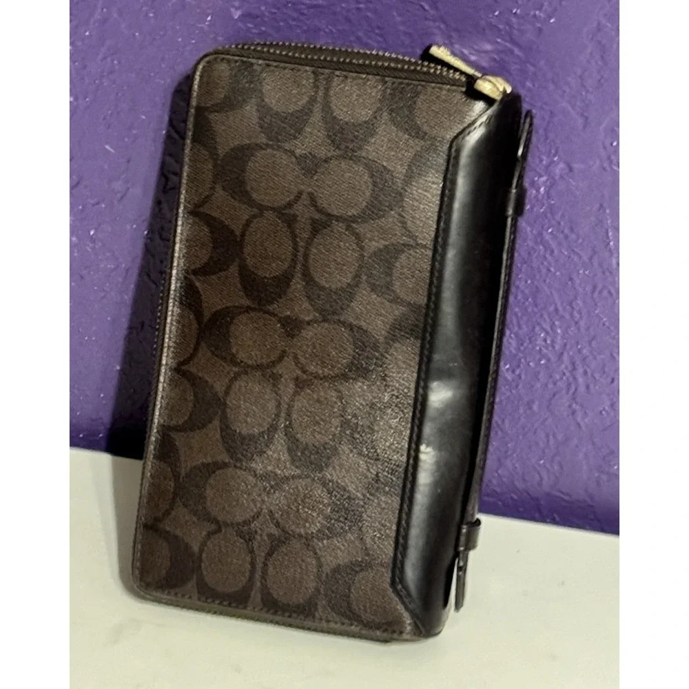 Coach Double Zip Travel Organizer Signature Canvas Brown Bag Case Clutch Rare